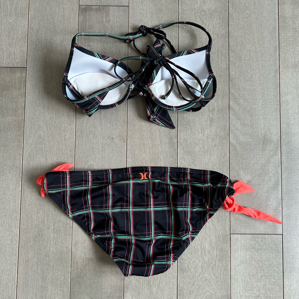 Hurley Plaid Tie-Front Bikini Set in Black with Coral Lining - Picture 2 of 2